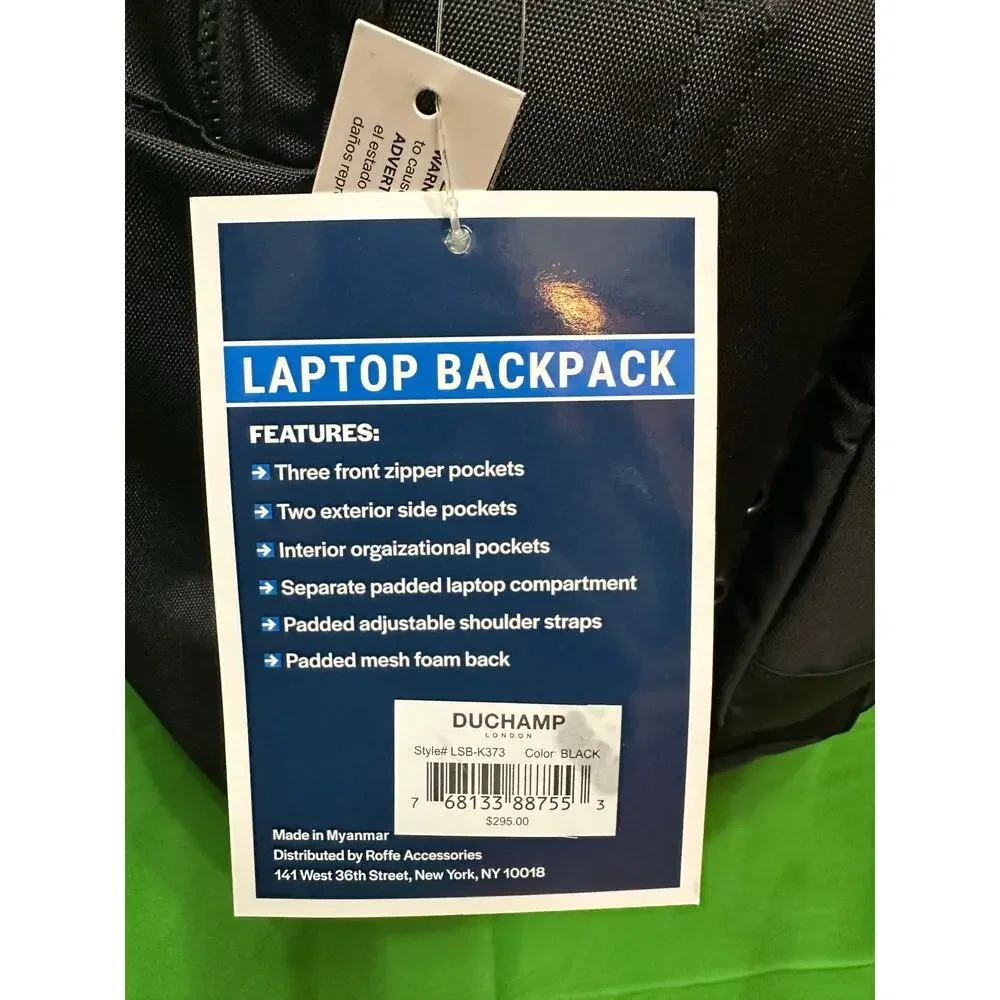 Duchamp London Black Laptop Backpack w/ Multiple Pockets NWT